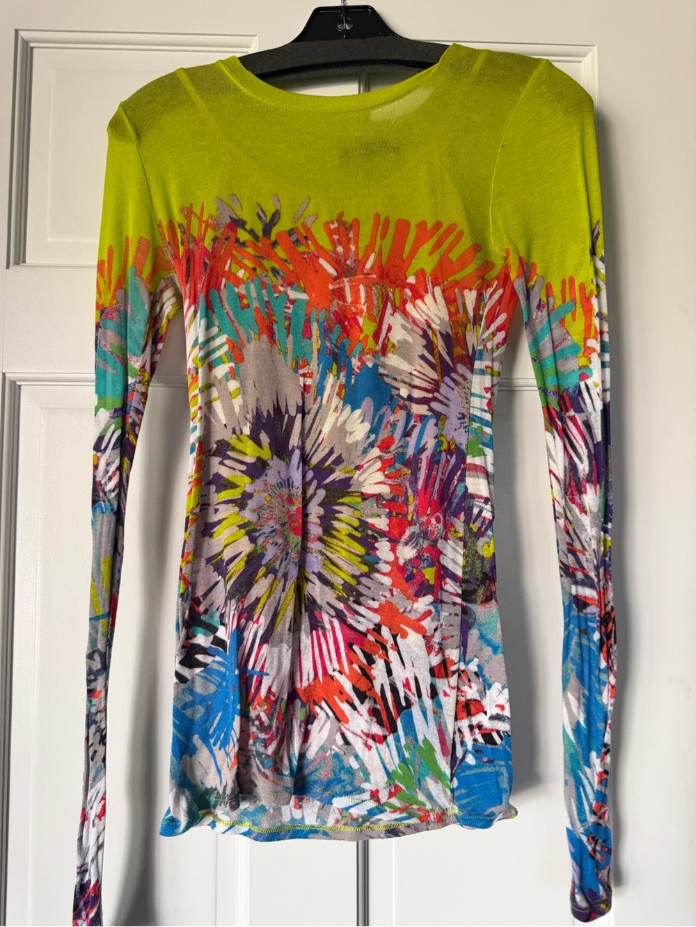 BCBGMaxAzria Multicolor Floral Burst Long-Sleeve Top with Lime Yoke
